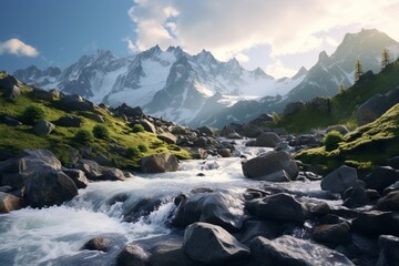 Photography of mountain landscapes with flowing rivers and waterfalls, Generative AI