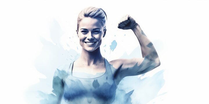 Blue Aquarelle Silhouette of Smiling Young Sportswoman Giving Thumbs Up in a Muscle Studio, Captured with the Style of Digital Airbrushing, Boxing, Weight Lifting, and Body Building