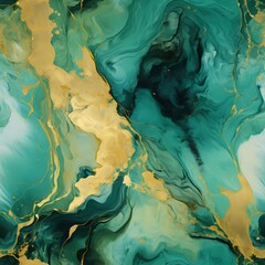 an abstract watercolor painting with green and gold