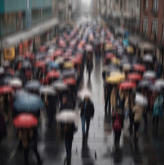 Blurred people walking under umbrellas on the rainy street