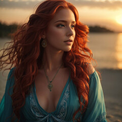 Caucasian redhead woman in boho dress against sunset