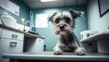 Small mixed breed terrier dog in a veterinary office exam room