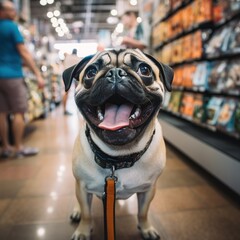 Happy Pug Dog in a Pet Store