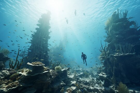 Photograph of people diving on preserved coral reefs, Generative AI
