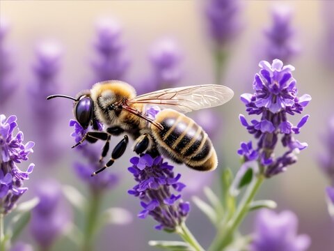 A bee on a delicate lavender blossom : A bee gracefully embraces a delicate lavender blossom, a harmonious dance of life and pollination.