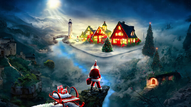 Happy Santa Glimpsing The Enchanted Village at Christmas
