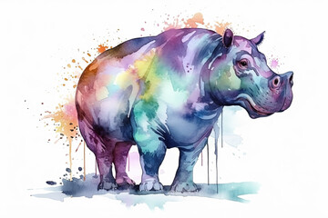Watercolor hippo illustration on white background