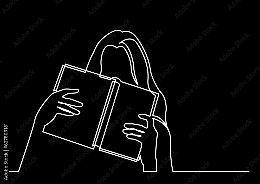 Wall mural continuous line drawing vector illustration with FULLY EDITABLE STROKE of reader person reading book school library concept logo on black background