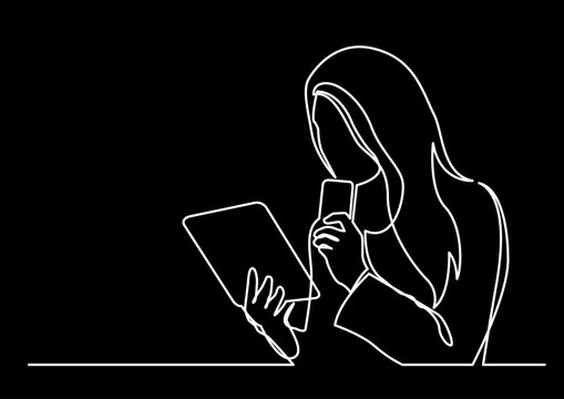 continuous line drawing vector illustration with FULLY EDITABLE STROKE of reader person reading book school library concept logo on black background