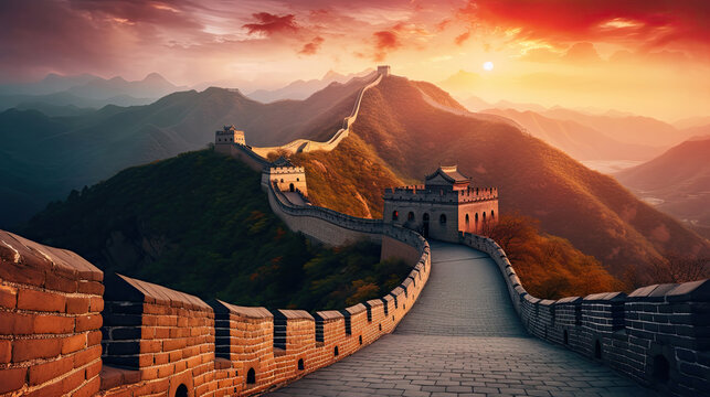 Amazing, Great Wall of China at Sunset. Generative Ai.