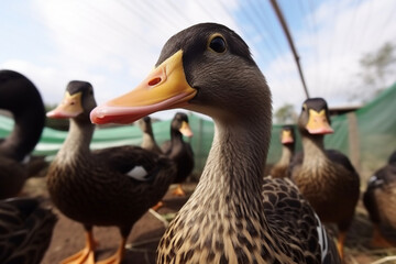 Happy ducks roaming free on farm meadow. Farm animal welfare and care. Generative Ai