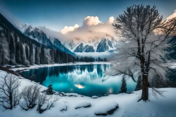 Fototapeta premium winter landscape with snow covered trees and mountain generated ai