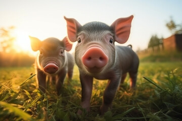 Happy pigs roaming free on farm meadow and mud. Farm animal welfare and care. Generative Ai