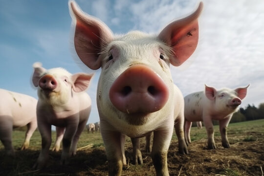 Happy pigs roaming free on farm meadow and mud. Farm animal welfare and care. Generative Ai