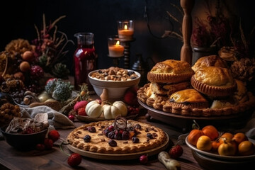 Obraz na płótnie Canvas Thanksgiving or Christmas festive food on wooden table. Generative AI