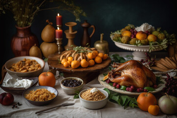 Obraz na płótnie Canvas Thanksgiving festive food on wooden table. Generative AI