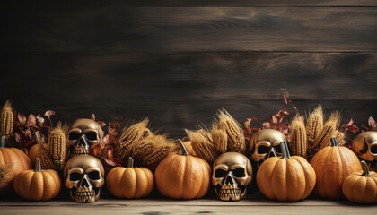 High quality stock photography Flat lay composition with Halloween decor on white wooden table.
