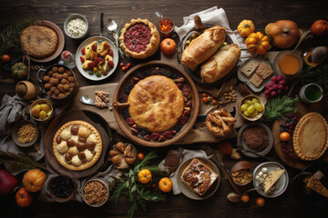 Thanksgiving festive food on wooden table. Generative AI