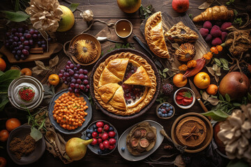 Fototapeta na wymiar Thanksgiving festive food on wooden table. Generative AI