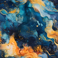 blue and gold painting featuring beautiful abstract pattern