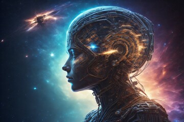 Visual depiction of a human face and fractal elements in a composition, relevant to subjects of mind, reason, thought, mental capabilities, and mystical consciousness. Created with generative AI tools