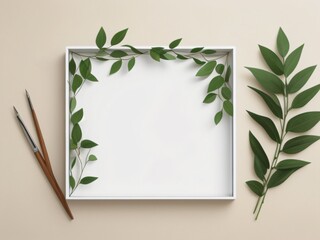 A visual presentation of a white template mockup, complemented by green leaves for organic product presentation, set on a minimalist, trendy flat lay backdrop. Created with generative AI tools