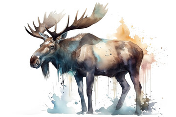 Watercolor moose illustration on white background