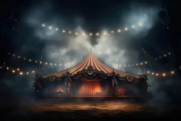 Abwaschbare Fototapete Camping Circus tent with illuminations lights at night. Cirque facade. Festive attraction