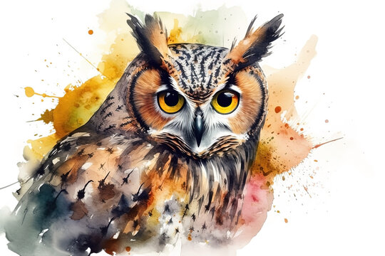 Watercolor owl portrait illustration on white background