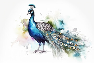 Watercolor peacock illustration on white background