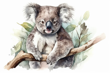 Watercolor koala portrait illustration on white background