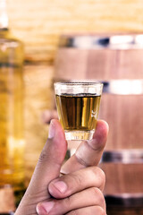 cane-based drink. Brandy, distilled in Brazil. Known as cachaça or drip. With space for text.