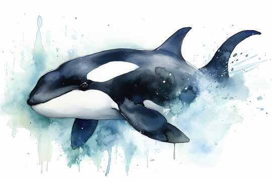 Watercolor killer whale illustration on white background