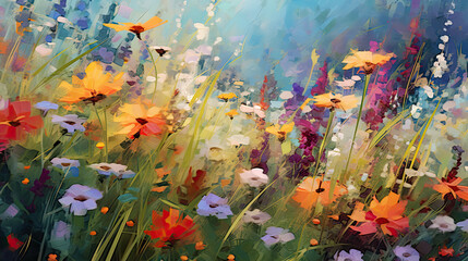 Obraz na płótnie Canvas Vibrant Blooms: Energetic Brushstrokes in a Field of Joyful Flowers Created with Generative AI 