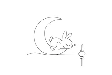 A rabbit sitting holding a lantern on the moon. Mid-autumn one-line drawing