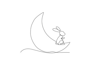 A rabbit sits on a crescent moon. Mid-autumn one-line drawing