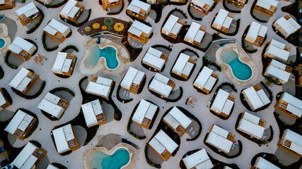 Panoramic topdown shot of rental homes in a camping resort in Croatia. 