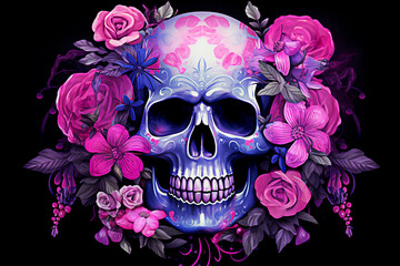 Skull with floral ornament on a black background illustration. selective focus. 