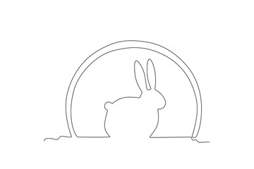 A rabbit sits under the moon. Mid-autumn one-line drawing