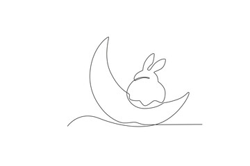 A little rabbit sits on the crescent moon. Mid-autumn one-line drawing