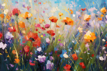 Vibrant Blooms: Energetic Brushstrokes in a Field of Joyful Flowers Created with Generative AI	