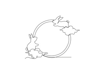Two rabbits playing on the moon. Mid-autumn one-line drawing