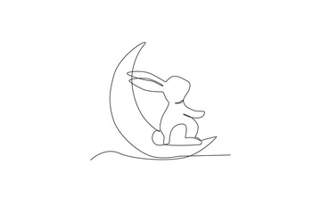 Side view of a rabbit sitting on a crescent moon. Mid-autumn one-line drawing