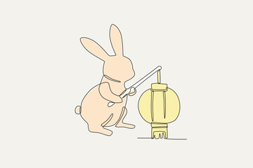 Colored illustration of a rabbit holding a lantern. Mid-autumn one-line drawing
