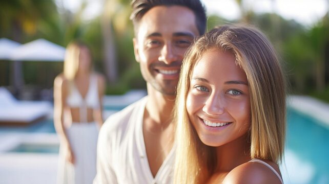 a young adult couple, man and woman, elegant luxurious, caucasian, at the swimming pool, on tropical summer vacation in resort or villa or hotel, with friends in group