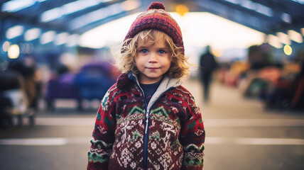 Fototapeta premium child, boy, caucasian stands in open warehouse or rural factory building, vehicles or machines, winter clothing and winter hat, long blond light brown hair, patient and attentive in family business