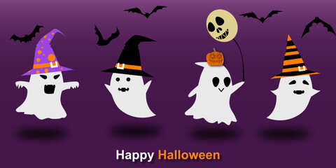 The ghost in Happy Halloween party greeting card. Set of cute ghosts with hats and pumpkins on the head. Cute cartoon with spooky characters.