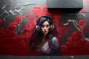 Papier Peint photo Graffiti woman listening music graffiti on a wall. futuristic wall art graffiti. best graffiti with decent colors. graffiti of a woman. woman listening music on headphone graffiti.