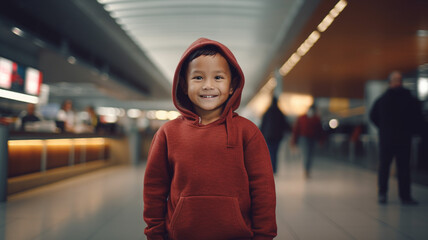 kid boy standing at airport during security check or baggage drop at check-in, flight for vacation trip or fictitious, joyful