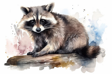 Watercolor raccoon illustration on white background - obrazy, fototapety, plakaty